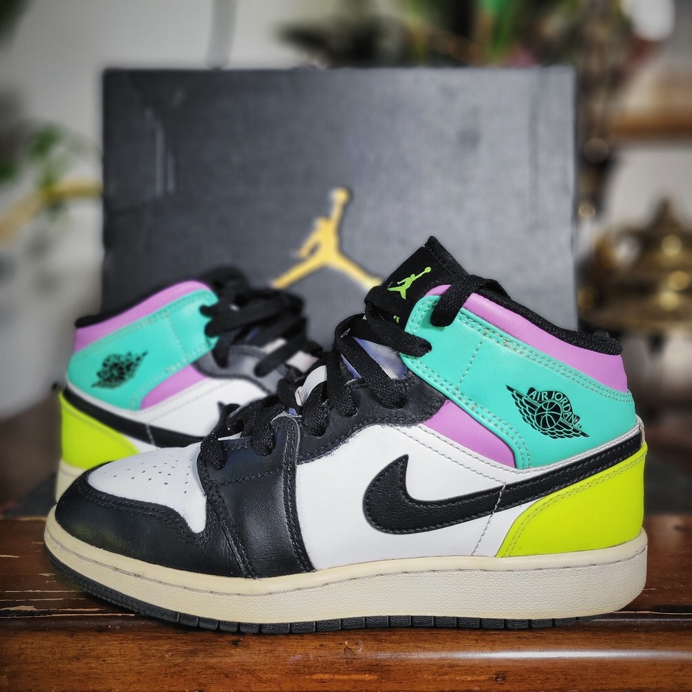 Nike Air Jordan 1 Mid GS "Tropical Twist" 6Y Black White Neon Green Purple